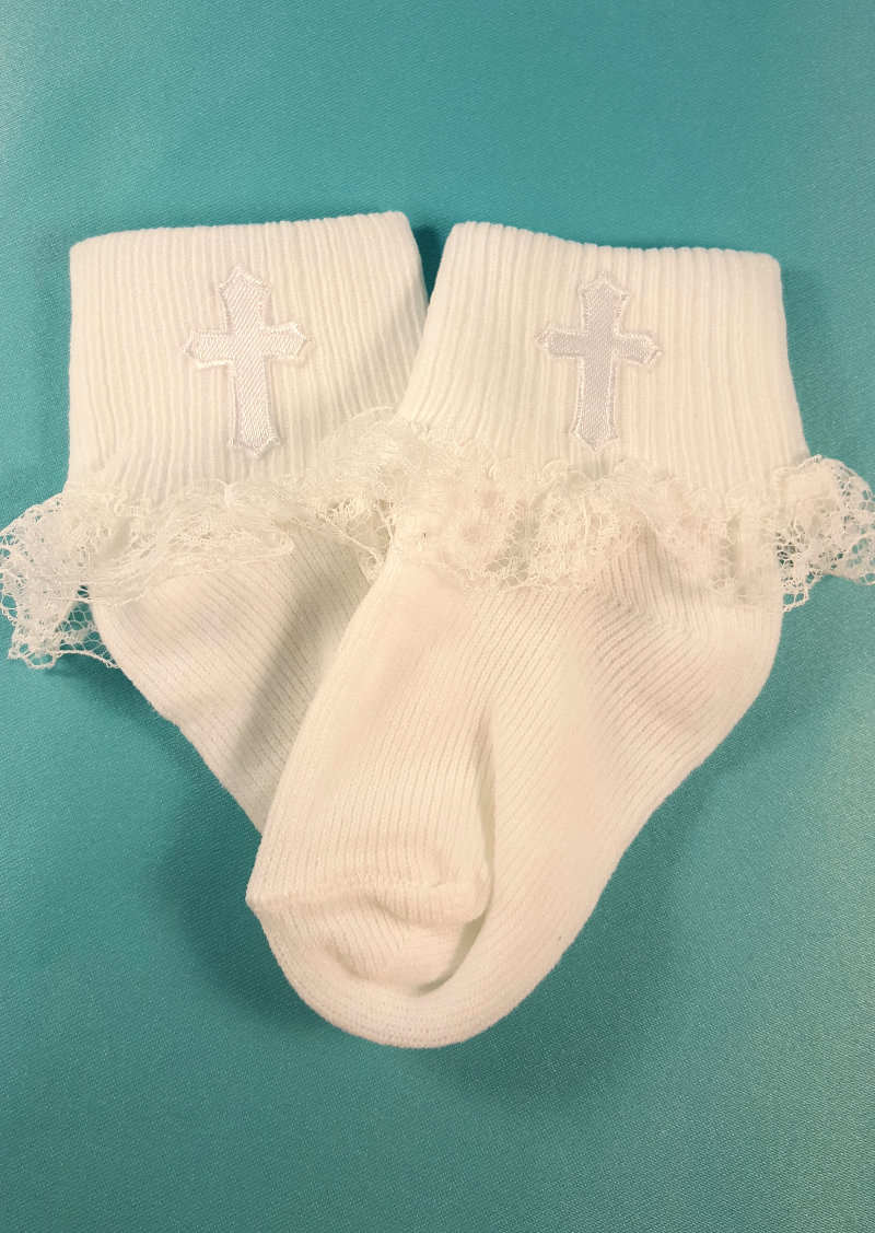 Girl's White Baby Socks with Crosses (one pair)